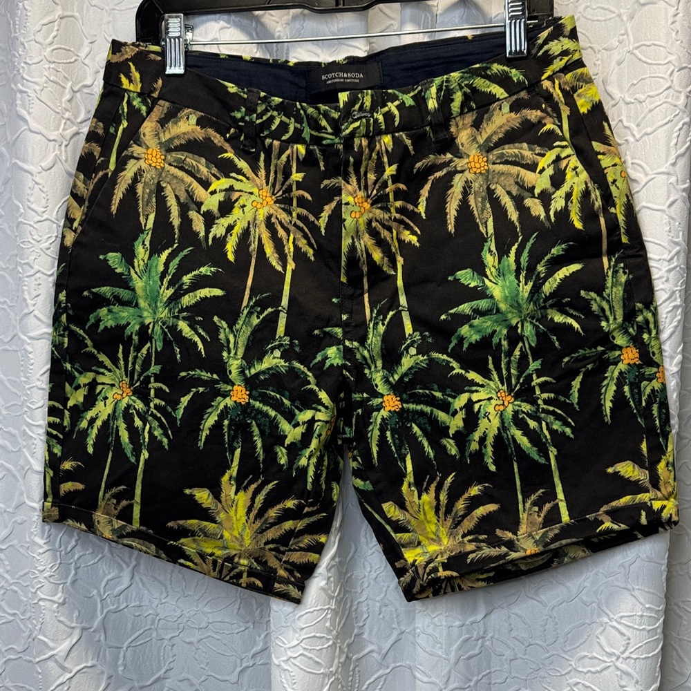 ✅ Scotch & Soda Men's Black Palm Tree 🌴 Chino Shorts Casual Tropical Summer